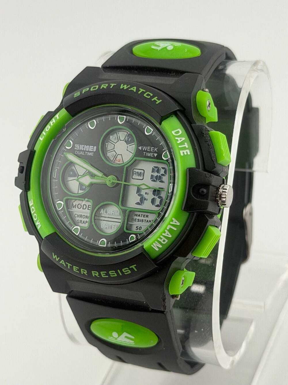 BOGO!-SKMEI Dual Time Sport Watch LED Light Alarm Stopwatch 5ATM WR Black Green